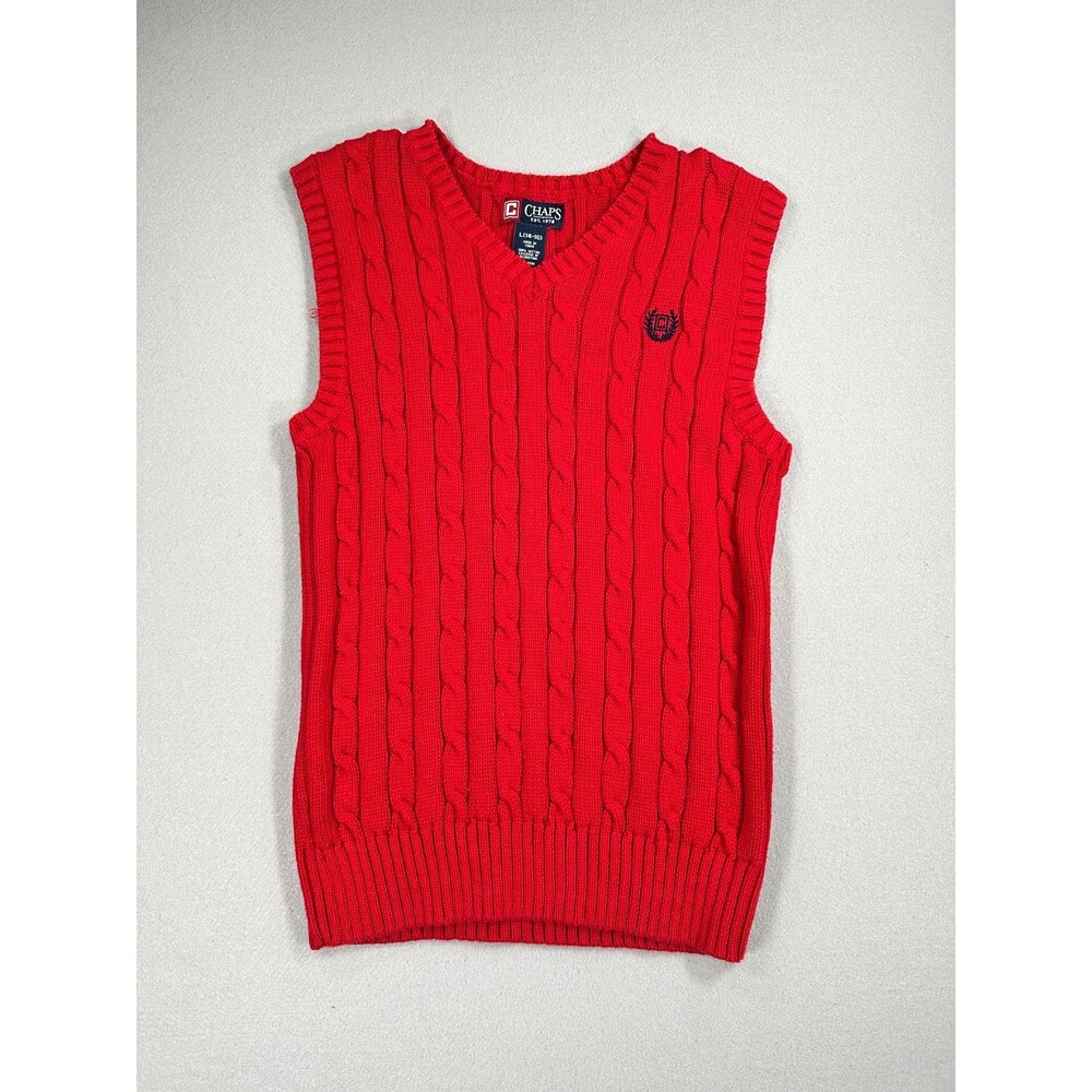 Chaps Boys Large 14-16 Red Sweater Vest Cable Knit Cotton Preppy V-Neck Youth